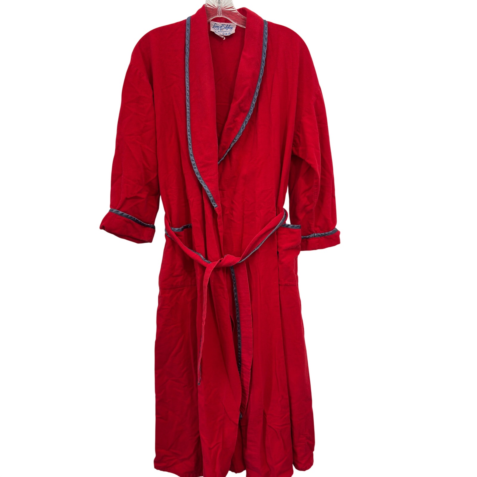 Lanz Of Salzburg Robe Vintage 80s Red Flannel Satin Trim Long Wrap Belted Usa